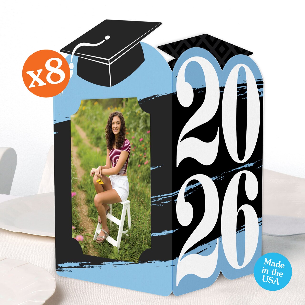 Big Dot of Happiness Light Blue 2026 Graduation Photo Holder Centerpieces, 4x6 Picture Display Box, Table Decoration for Powder Blue Grad Decor, 8 Ct
